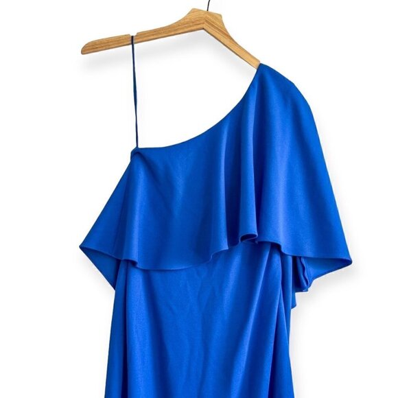 Badgley Mischka One-Shoulder Draped Cape Gown, Blue, Size 0, New with tag - Picture 6 of 14